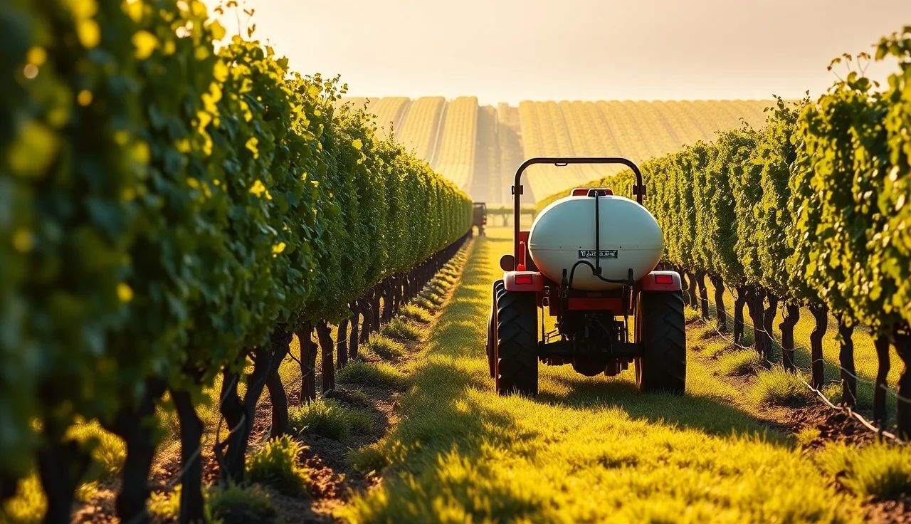 Compact tractor with 3-point hitch vineyard sprayer applying mist through vine canopy at dawn