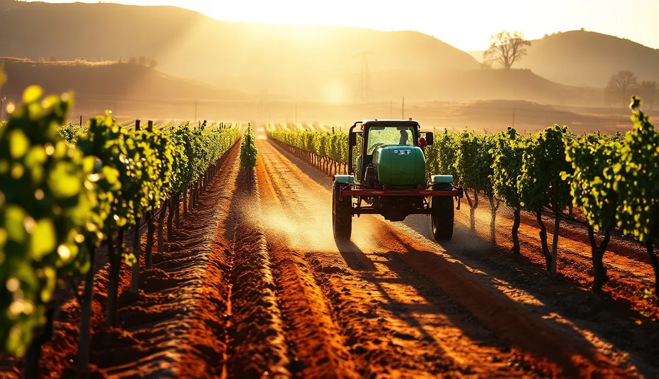 Three-row vineyard sprayer applying mist through grapevine rows at dawn