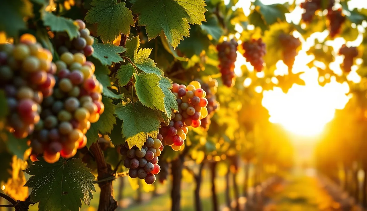 Grapevine clusters showing early veraison in a vineyard at golden hour