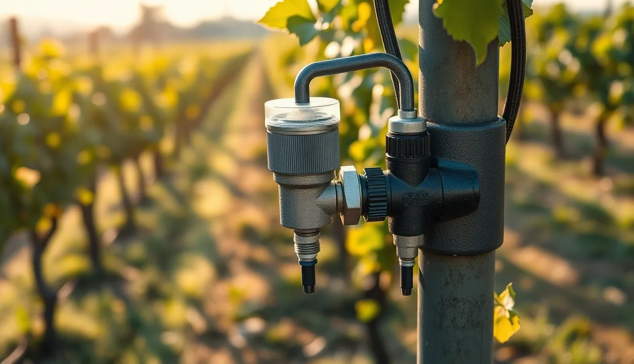 Drip irrigation injector and filter assembly beside vineyard grapevine rows at dawn