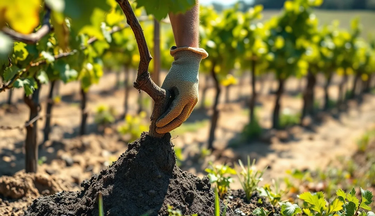 Vineyard worker adding soil by hand around a grapevine trunk in late summer