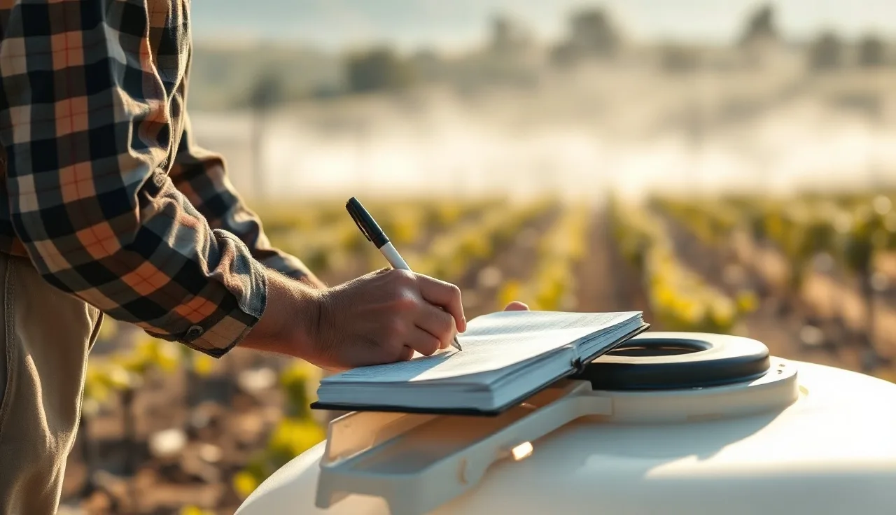 Vineyard manager documenting tank mix adjuvant additions in a field notebook