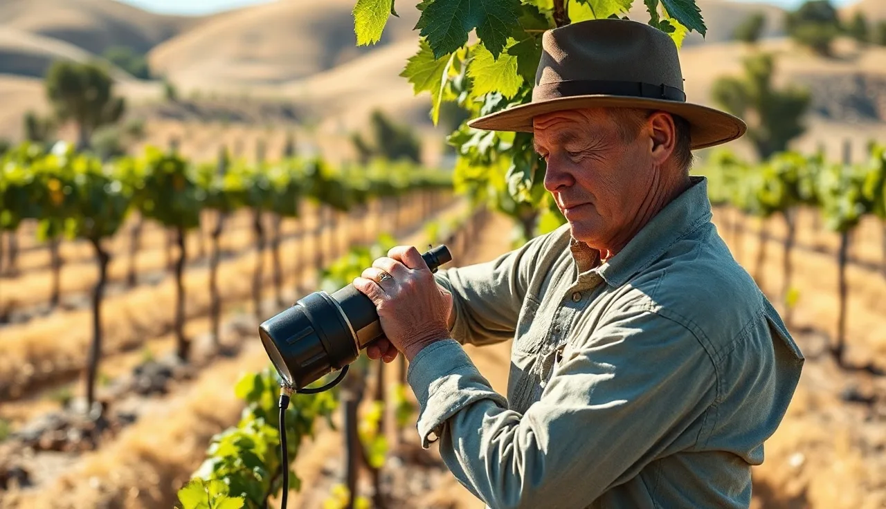 Vineyard manager measuring stem water potential on grapevine with pressure bomb instrument