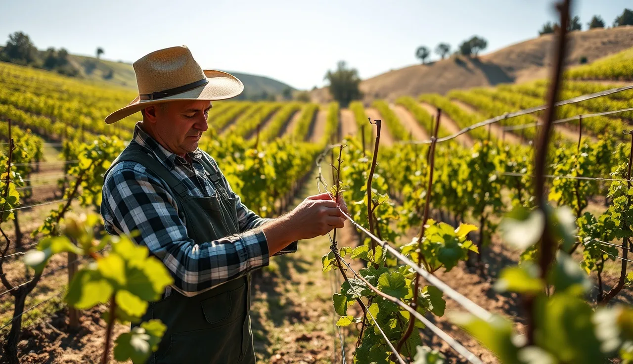 Vineyard worker positioning shoots in trellis wires during early canopy management