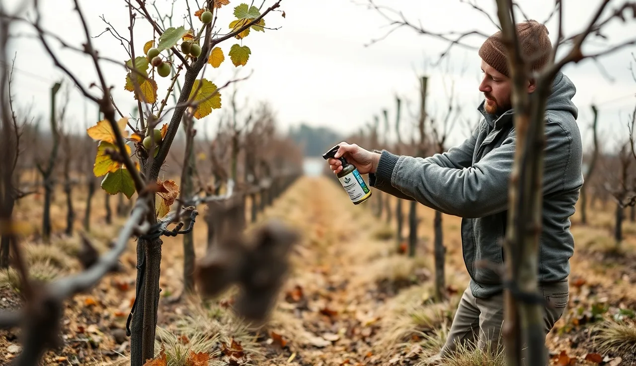Vineyard worker applying wound sealant to a freshly pruned grapevine cordon cut