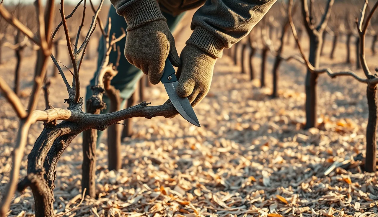 Pruner cutting old cordon wood on dormant grapevines during aggressive winter pruning