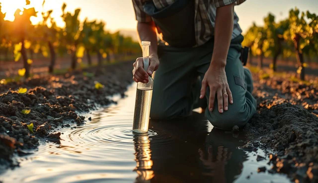 Vineyard worker collecting an agricultural water sample from an irrigation ditch at dawn