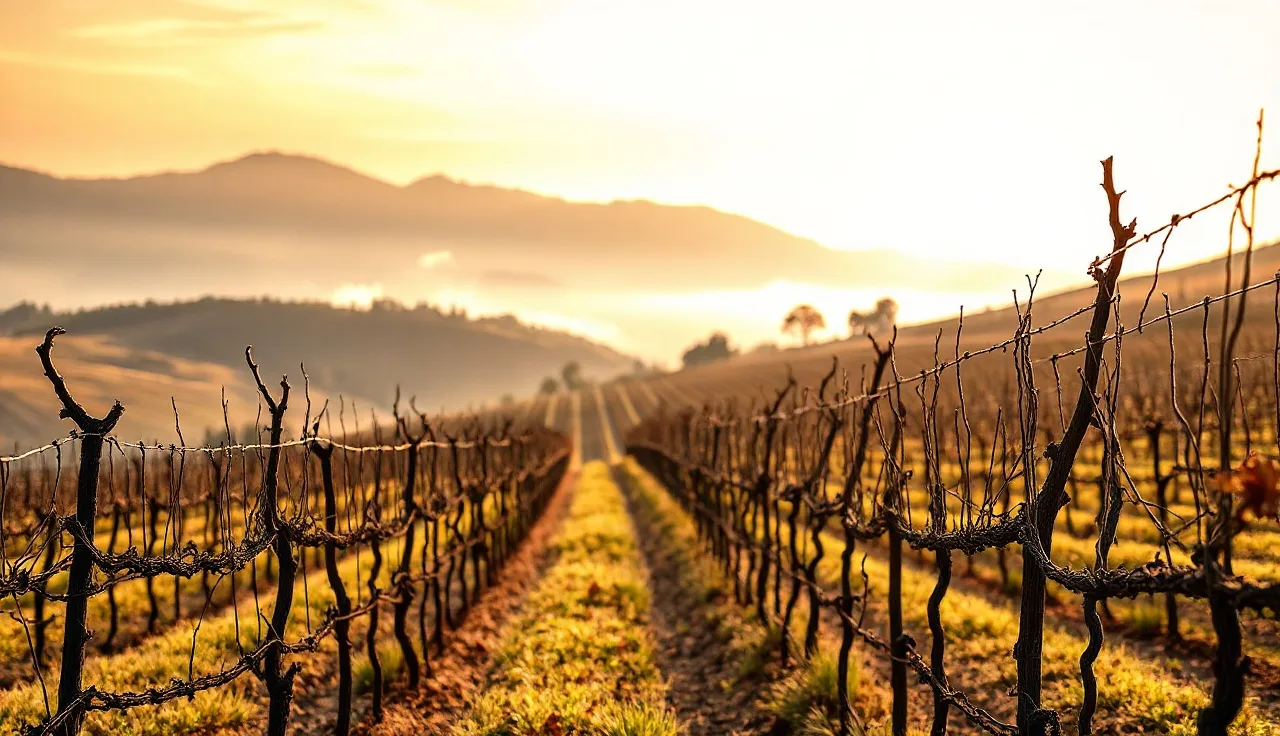 Dormant grapevine rows on a misty hillside in a California wine grape vineyard