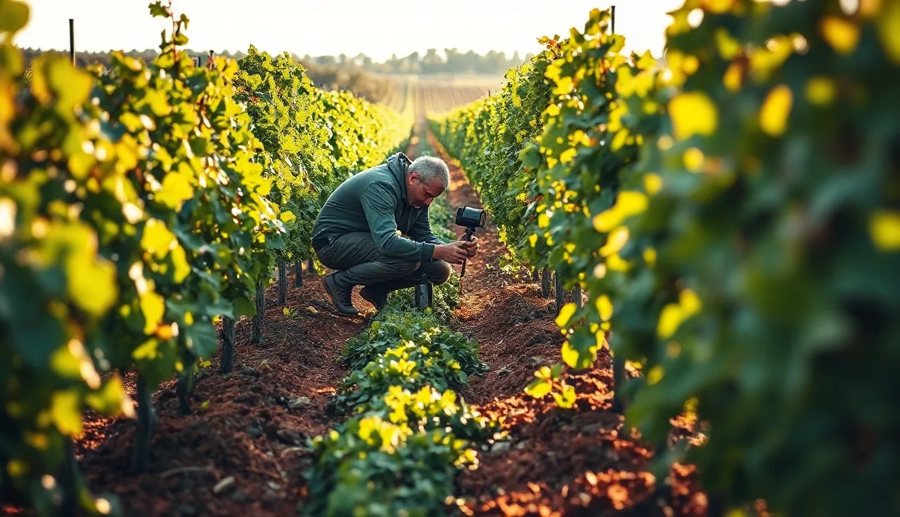 Researcher inspecting soil sensor equipment in an Australian vineyard at dawn