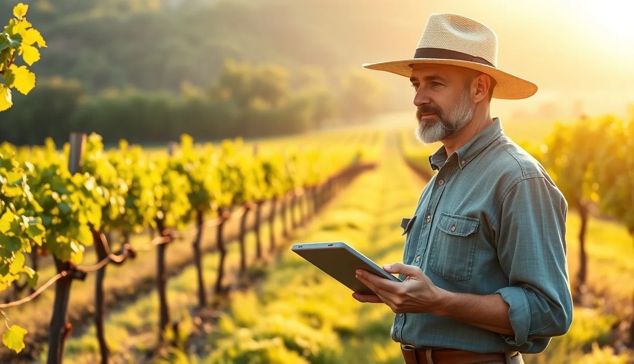 Vineyard supervisor with tablet managing a crew working in vine rows at dawn