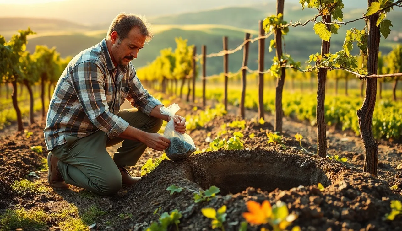 Vineyard worker collecting a soil core sample for amendment planning