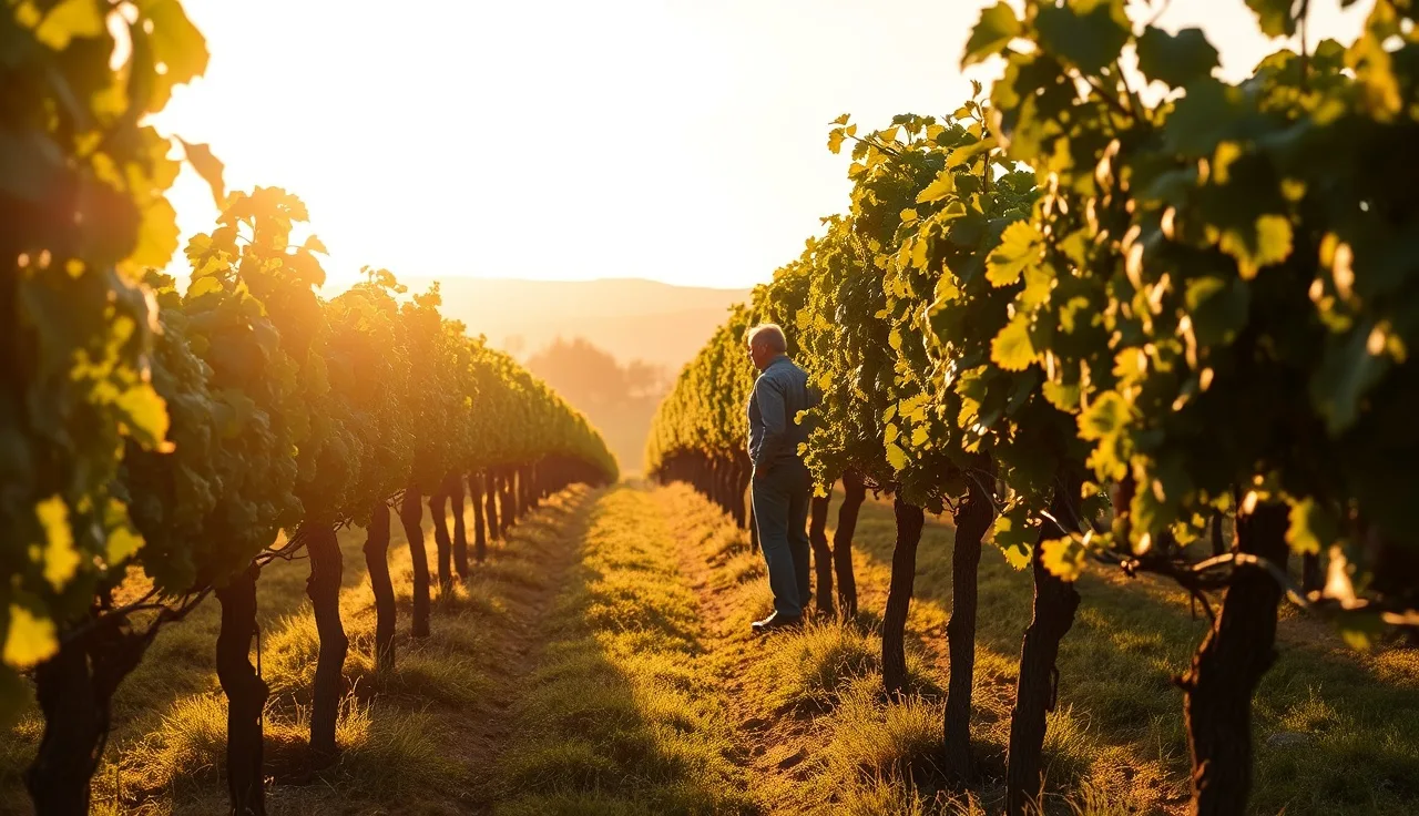 Vineyard manager examining grapevine canopy in morning light among rows of vines