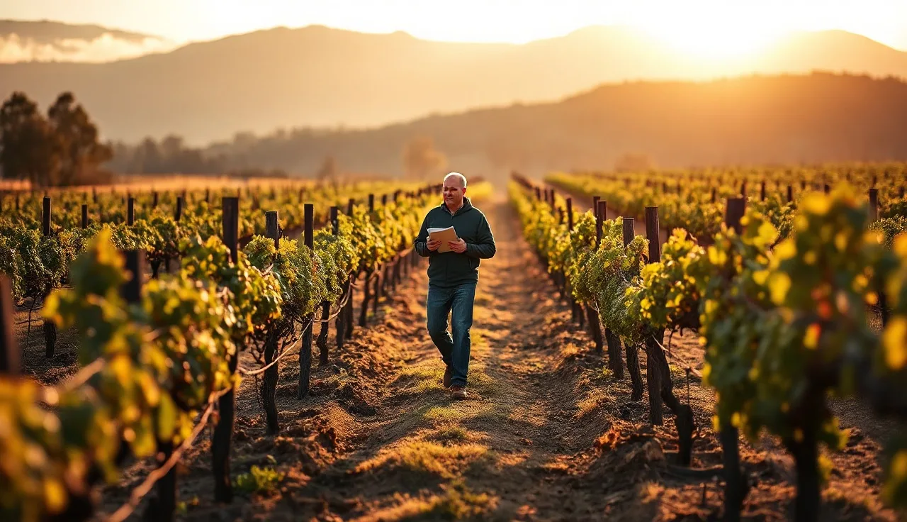 Vineyard manager walking between dormant vines in morning fog, Napa Valley