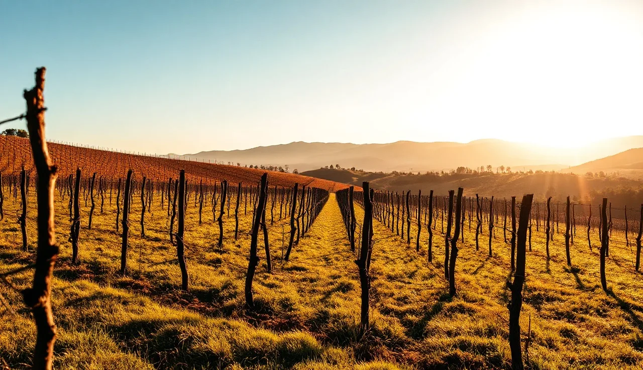 Rows of dormant grapevines on a California hillside in an American viticultural area at dawn