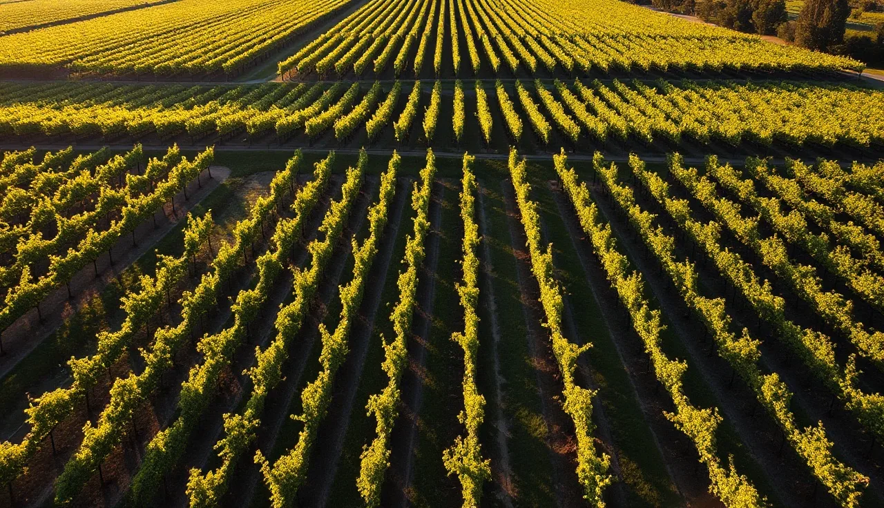 Napa Valley vineyard rows from above in morning light, AVA wine grape country