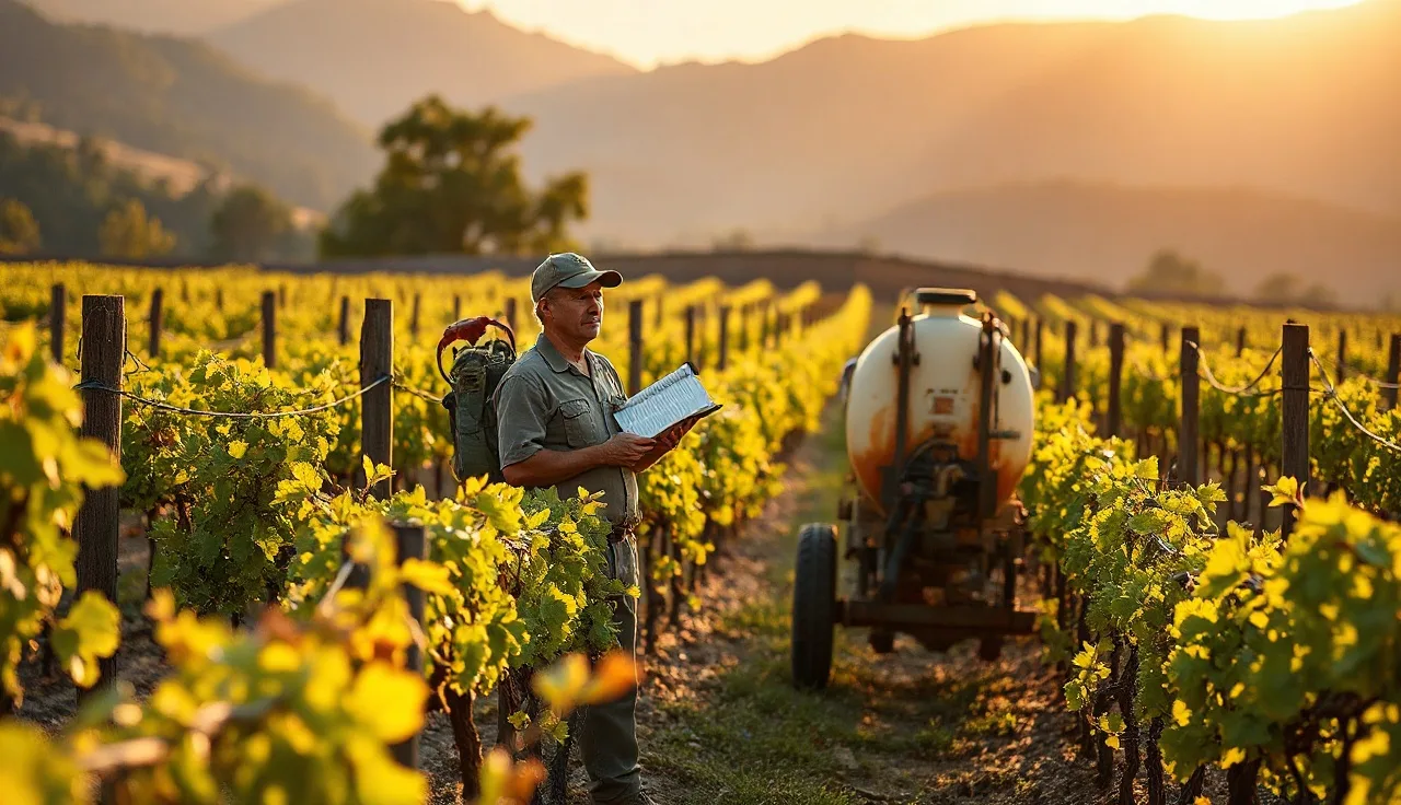 Vineyard worker reviewing spray records beside copper fungicide application equipment in organic vineyard rows