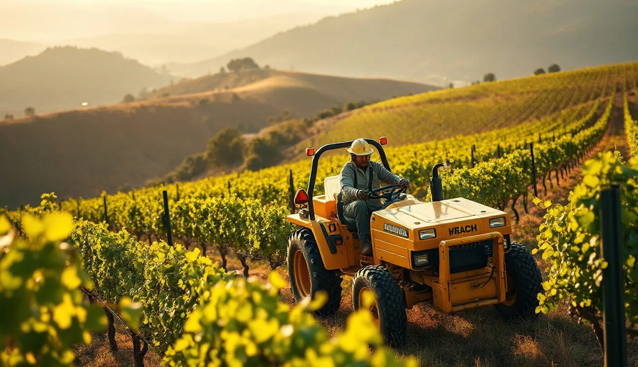 Tractor with airblast sprayer applying pesticide through grapevine rows on California hillside