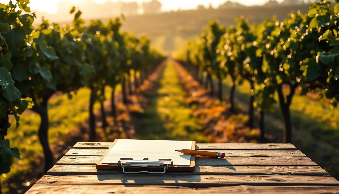 Early morning vineyard rows with a clipboard on a wooden field table for compliance records