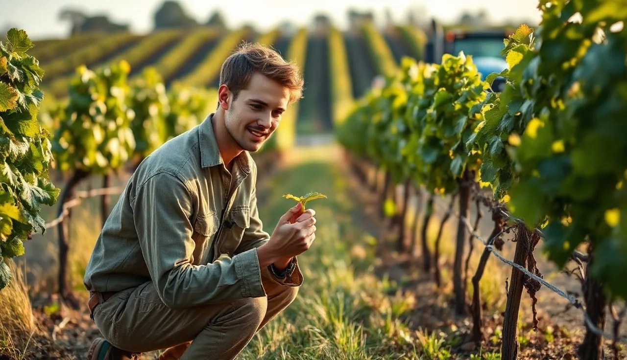 Assistant vineyard manager inspecting grape leaves in a vineyard row at dawn