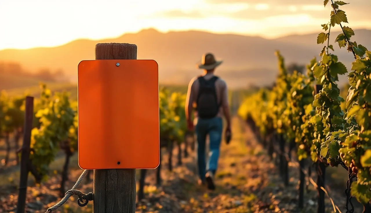 Vineyard worker passing an orange spray warning sign posted at a trellis post