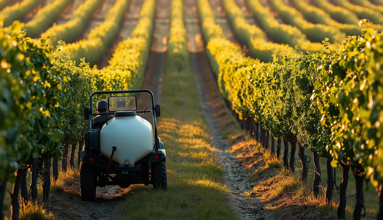 ATV towing a vineyard sprayer through narrow grapevine rows at dawn