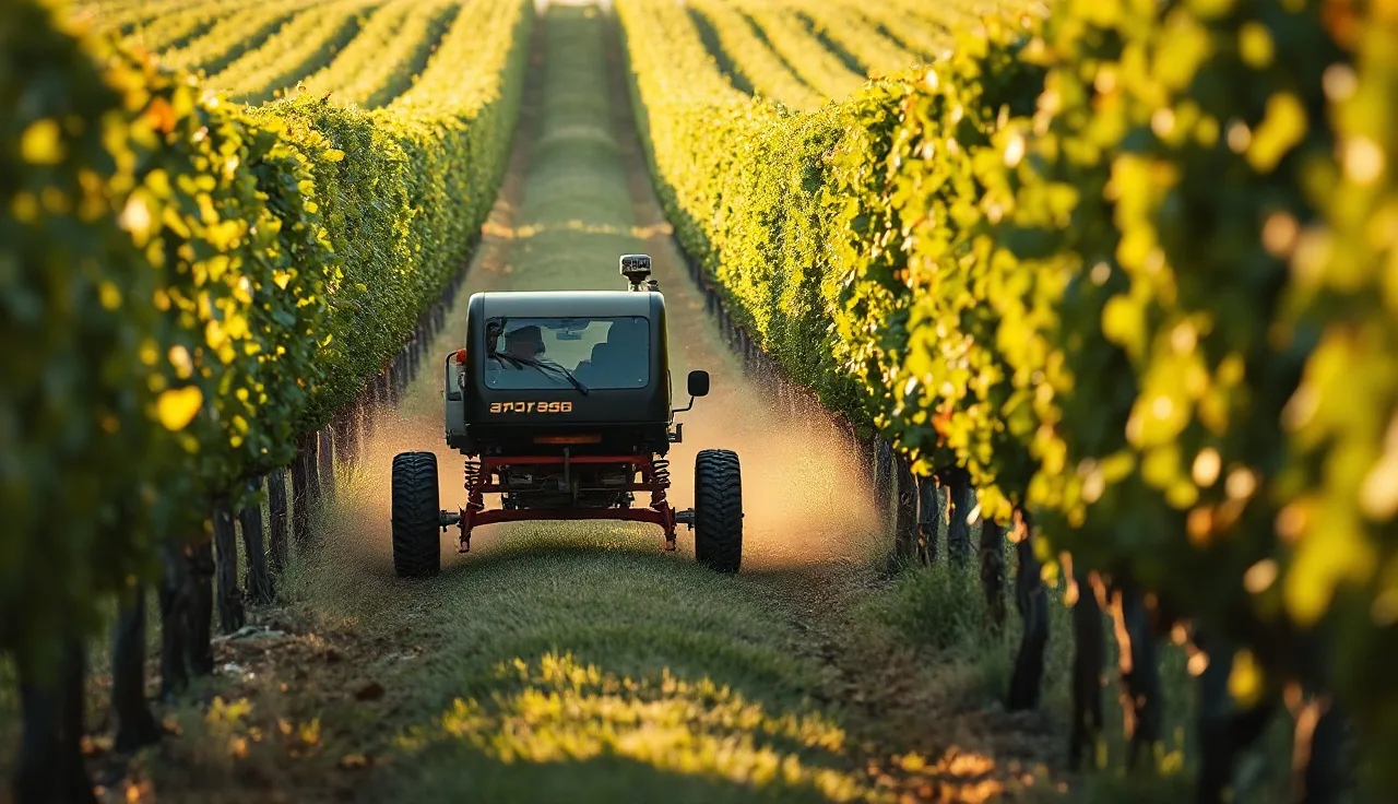 Autonomous sprayer machine traveling down vine rows in a California vineyard at sunrise