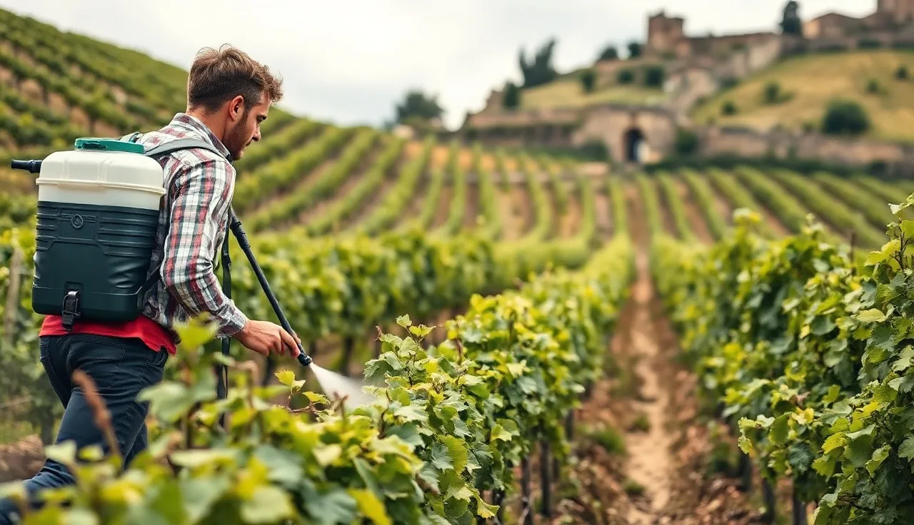 Vineyard worker backpack spraying vines on a steep French hillside in morning light