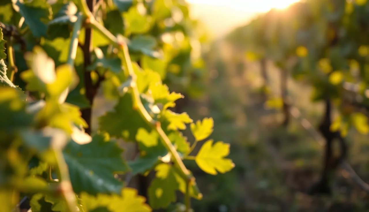 Early morning vineyard with powdery mildew visible on young grapevine leaves