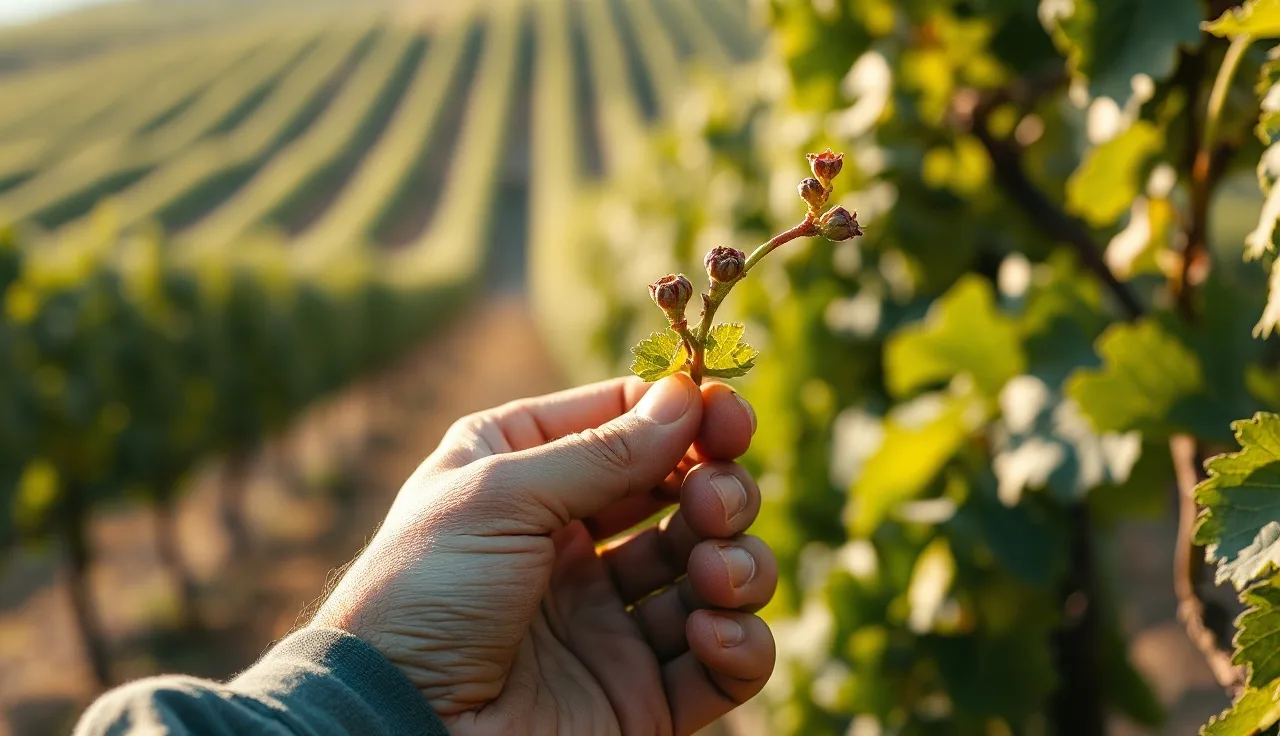 Viticulturist examining grapevine shoot at early inflorescence BBCH stage in morning vineyard light