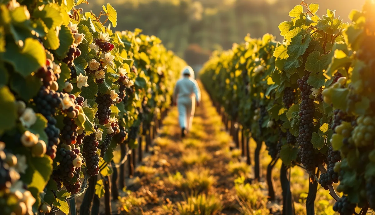 Beekeeper walking vineyard rows at bloom with open grape flowers in morning light