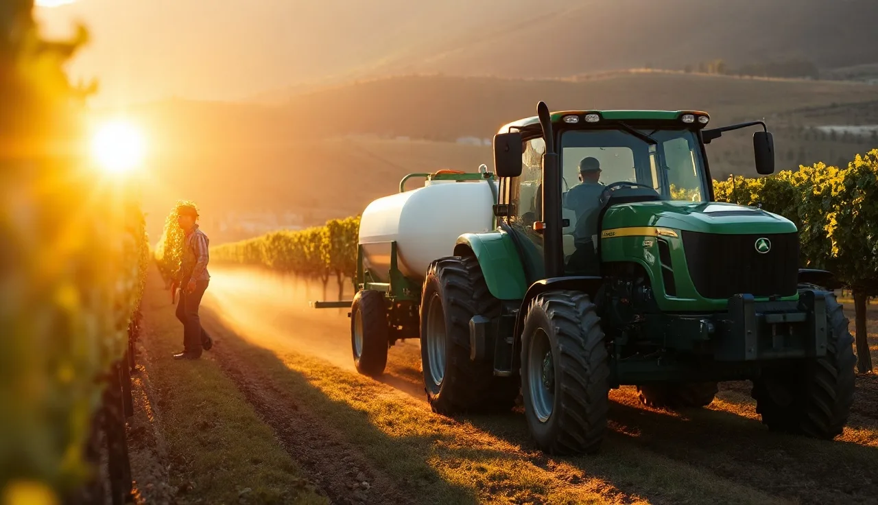 Airblast sprayer moving through a vineyard row at dawn with spray mist visible