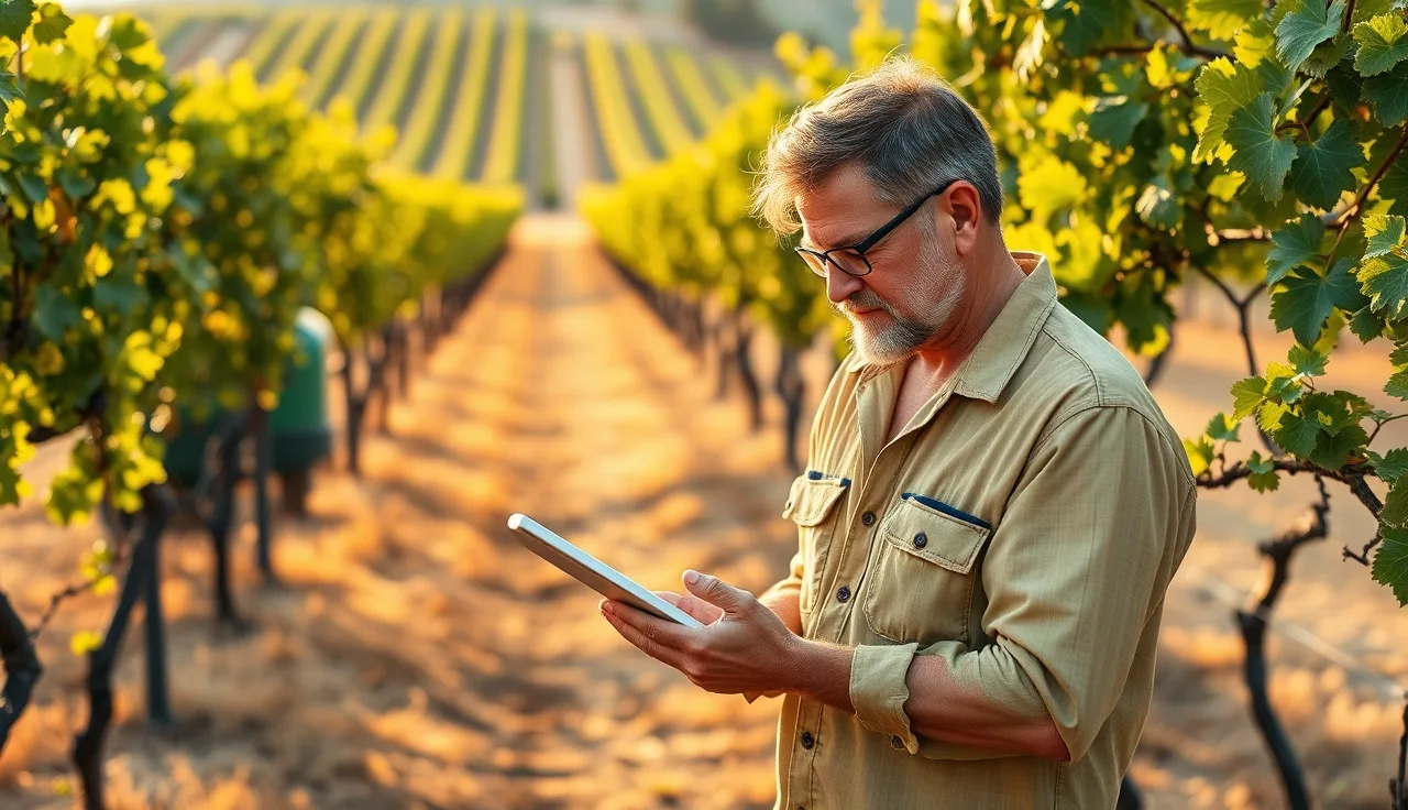 Vineyard manager reviewing spray records on tablet next to spray rig in vine rows