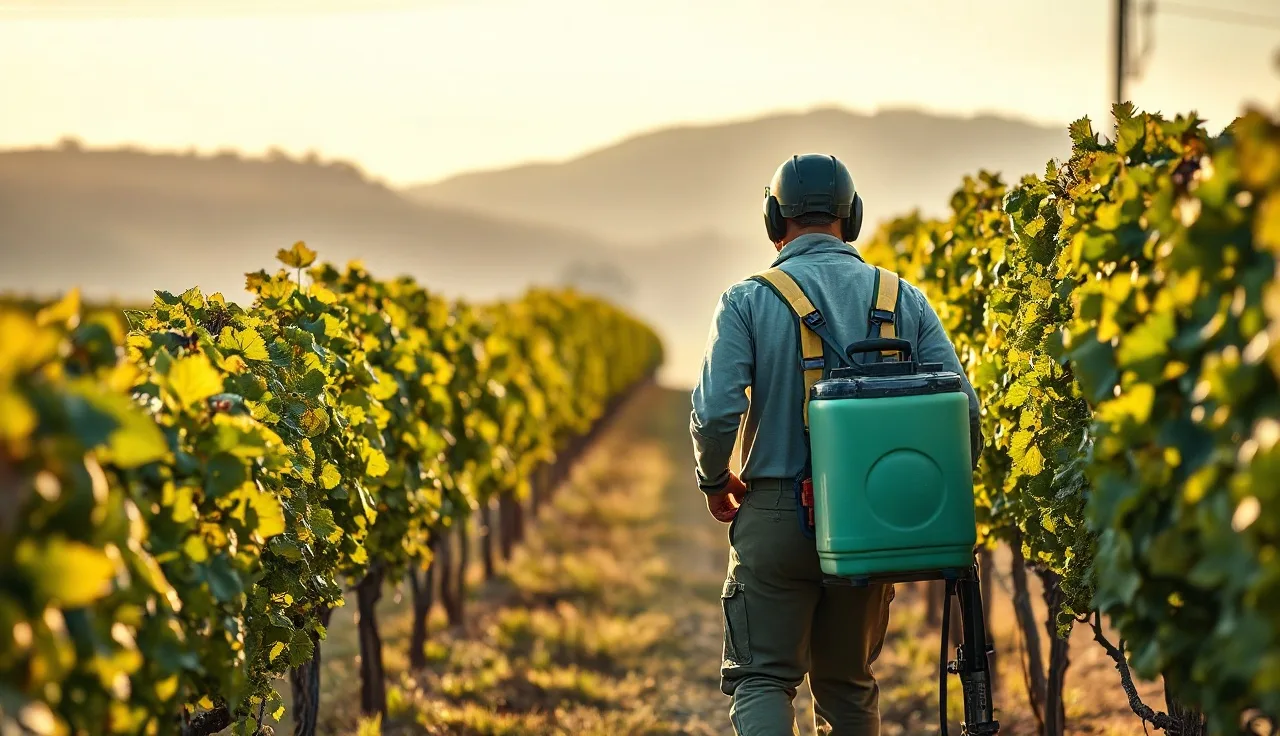 Vineyard worker with backpack sprayer walking between grape vine rows at dawn