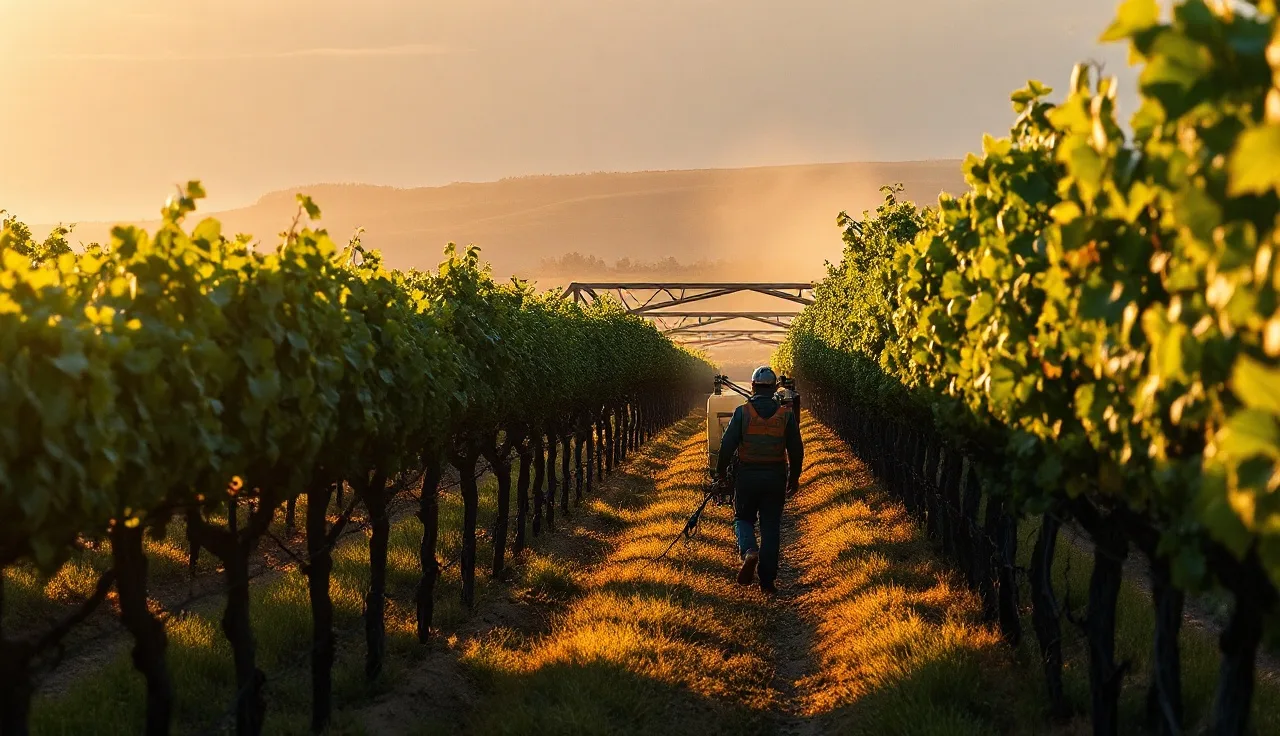 Airblast sprayer applying fungicide to mature grapevines at early morning in a California vineyard