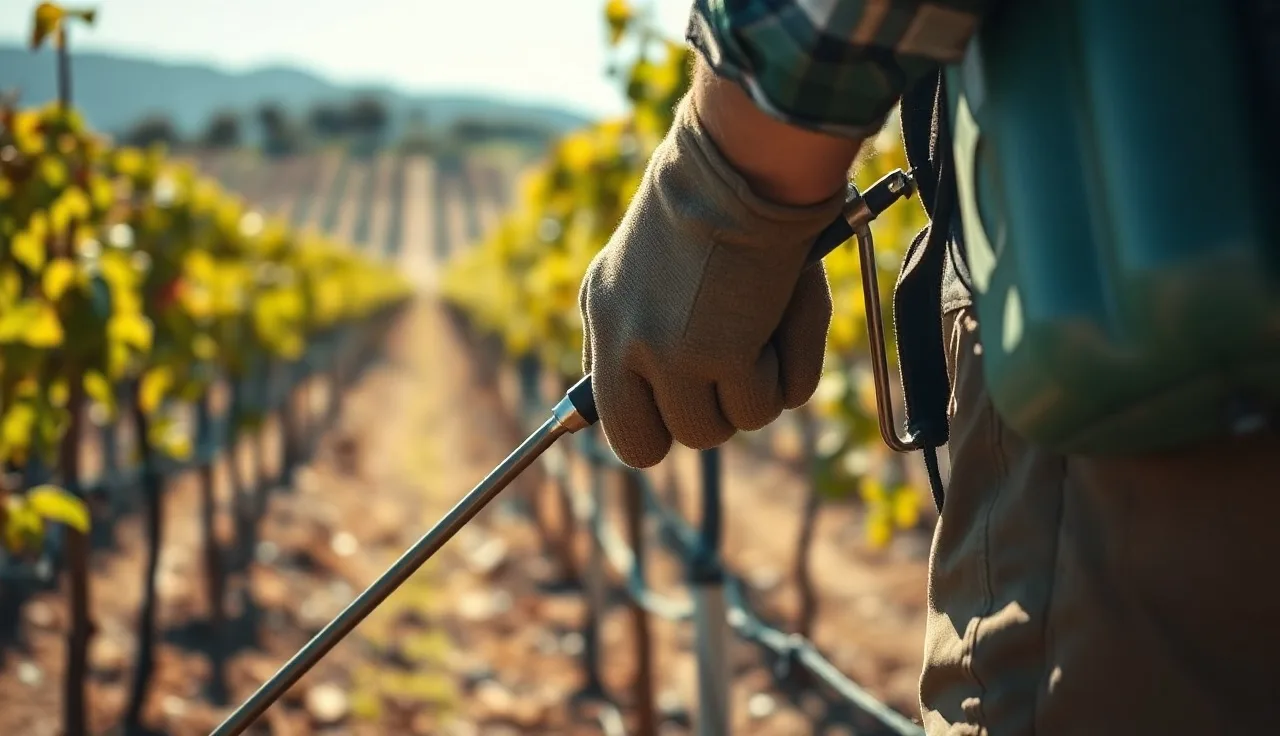 Vineyard worker spraying a grapevine cordon for mealybugs at bud swell