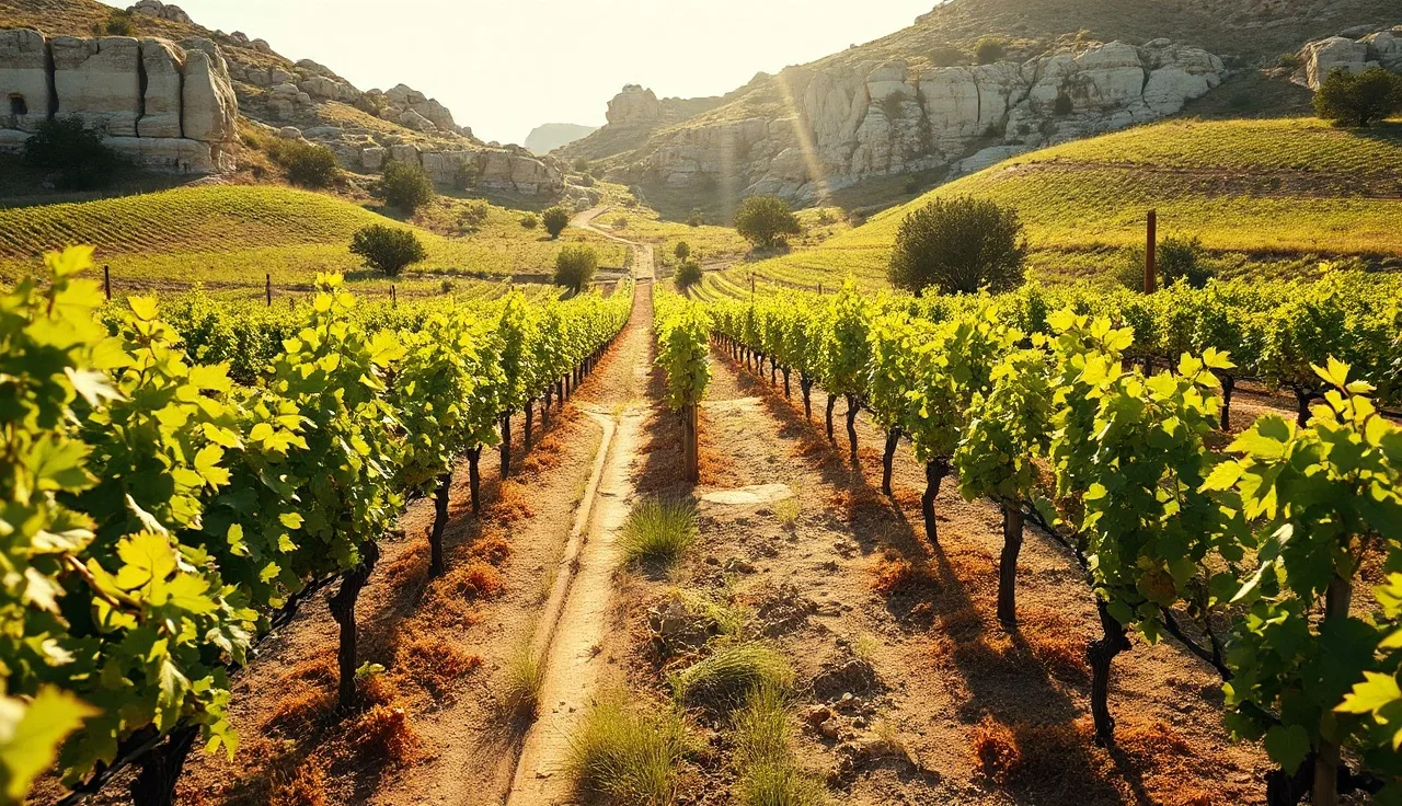 Young grapevines growing in rocky limestone soil on a Texas Hill Country vineyard hillside