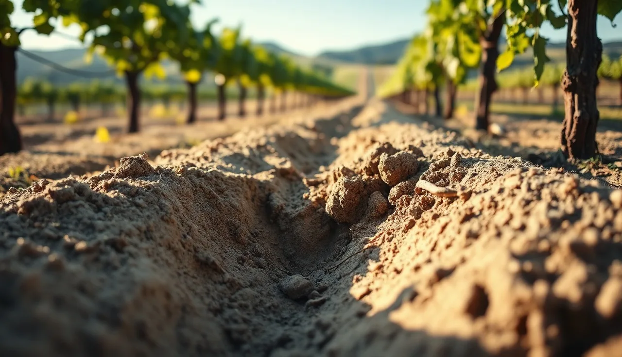 Open soil pit in a vineyard row showing layered soil texture and grapevine roots