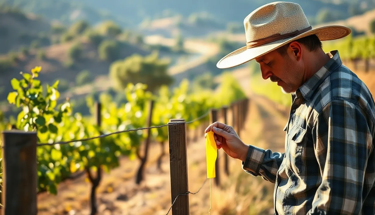 Vineyard manager checking sharpshooter monitoring trap at vine row border at sunrise