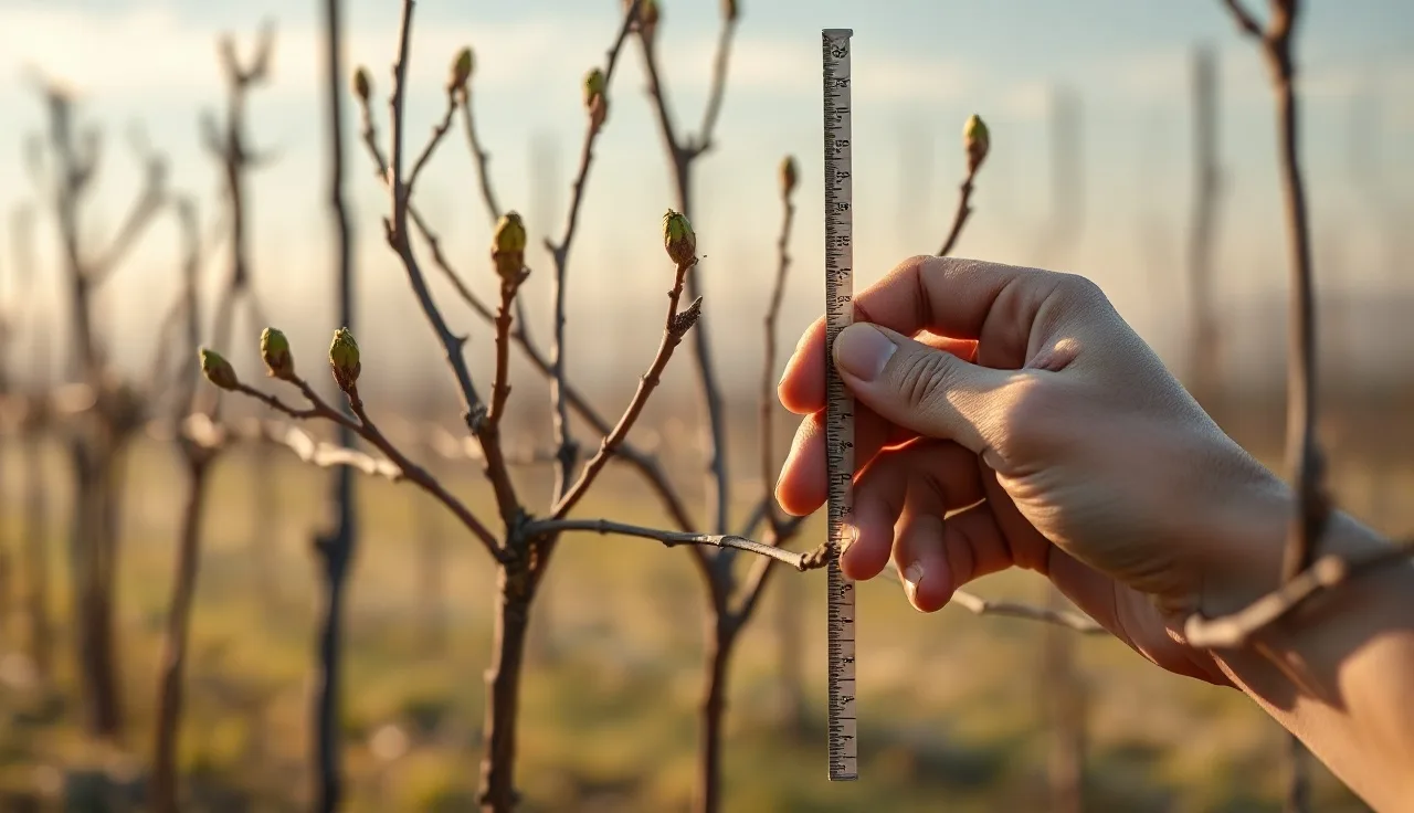 Hand measuring a two-inch grapevine shoot at budbreak for flea beetle spray timing