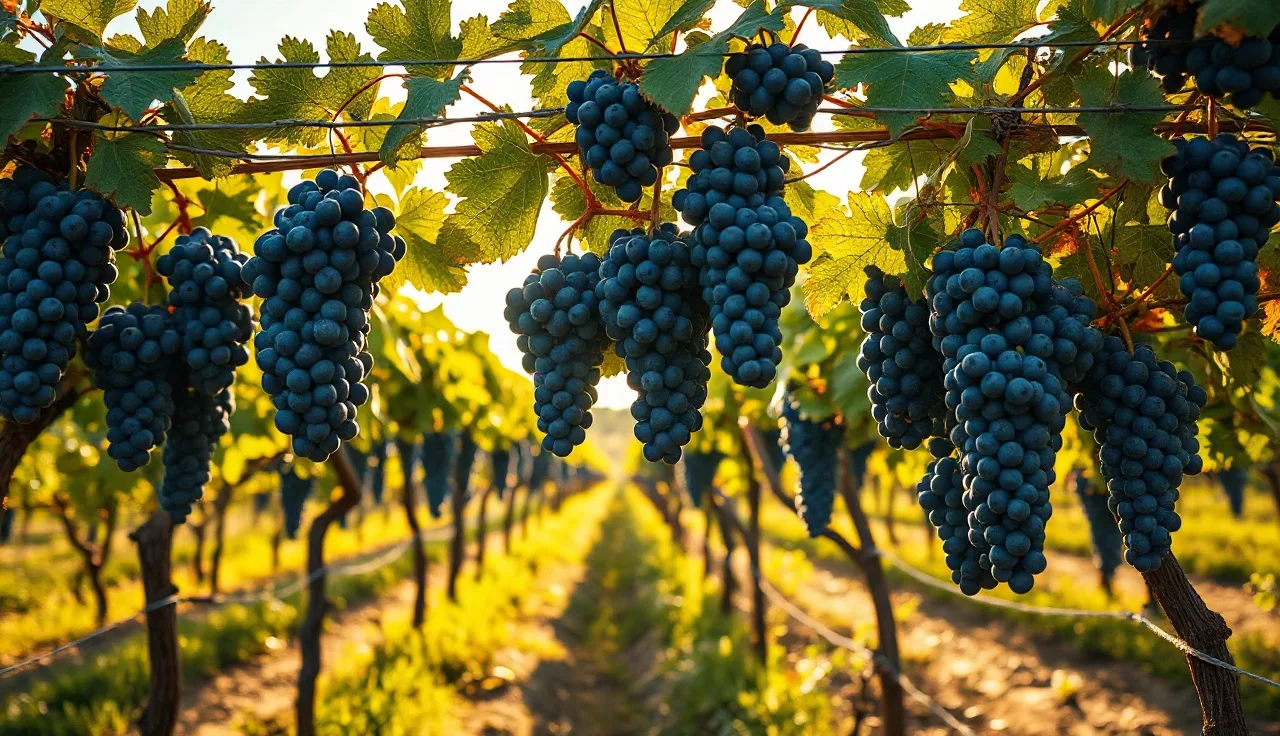 Mature Concord grapevines on a Geneva Double Curtain trellis with ripe purple clusters