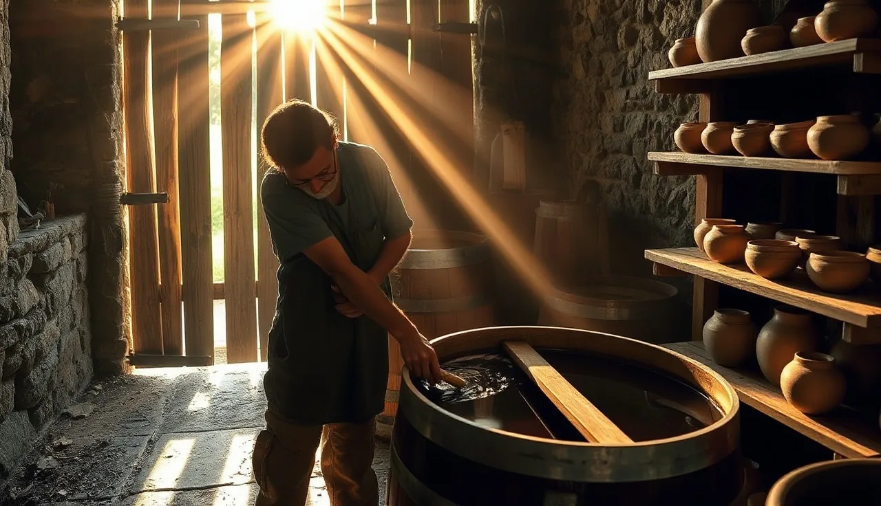 Vineyard worker stirring biodynamic preparation 500 in a wooden barrel at dawn