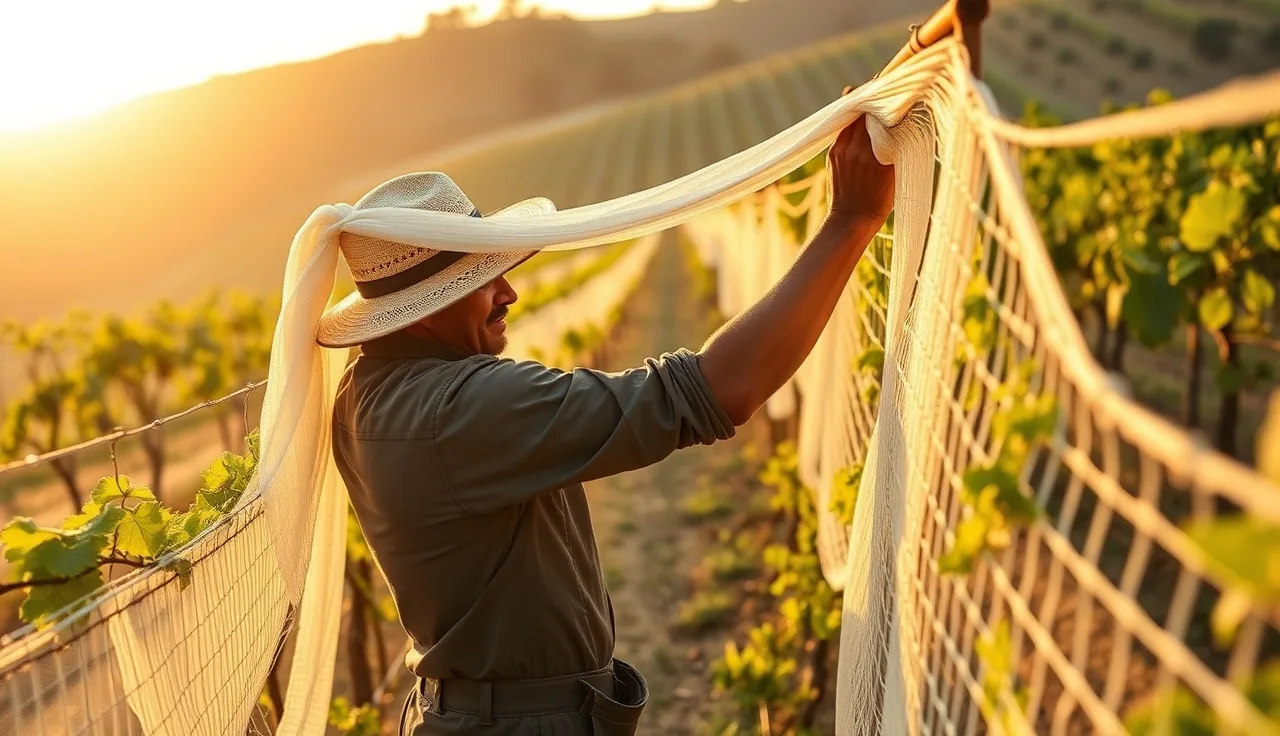 Vineyard worker installing bird netting over grapevine rows at dawn