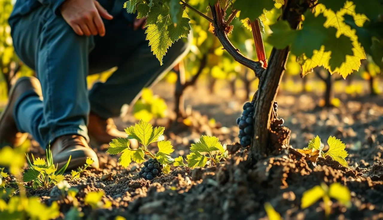 Vineyard worker exposing blackened root crown of a diseased young grapevine