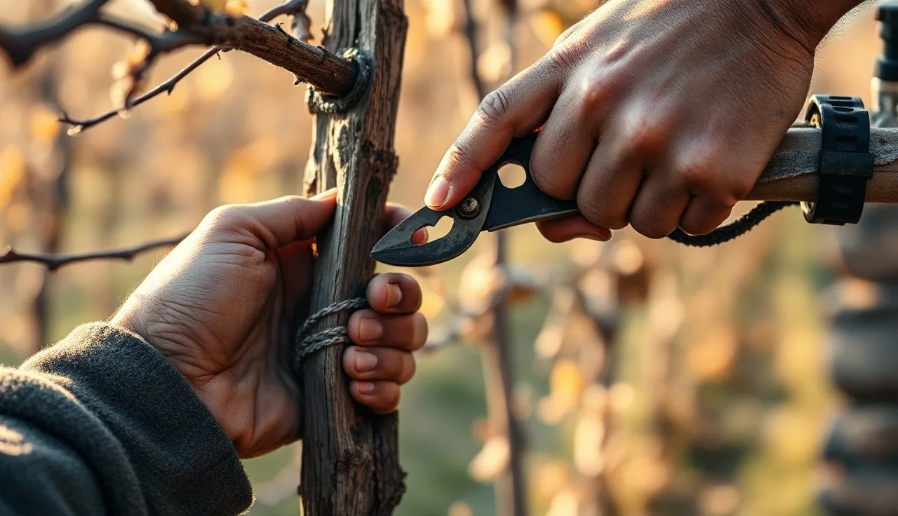 Gloved hands pruning a dormant Black Hamburg grape vine spur in winter
