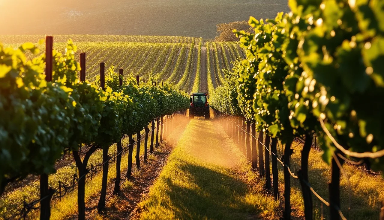 Airblast sprayer applying foliar spray to grapevines at pre-bloom in a California vineyard