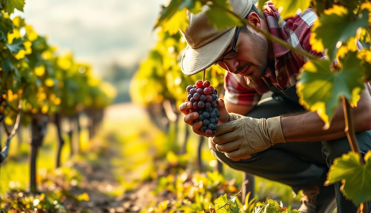 Vineyard worker inspecting tight Pinot Noir clusters for botrytis bunch rot at dawn
