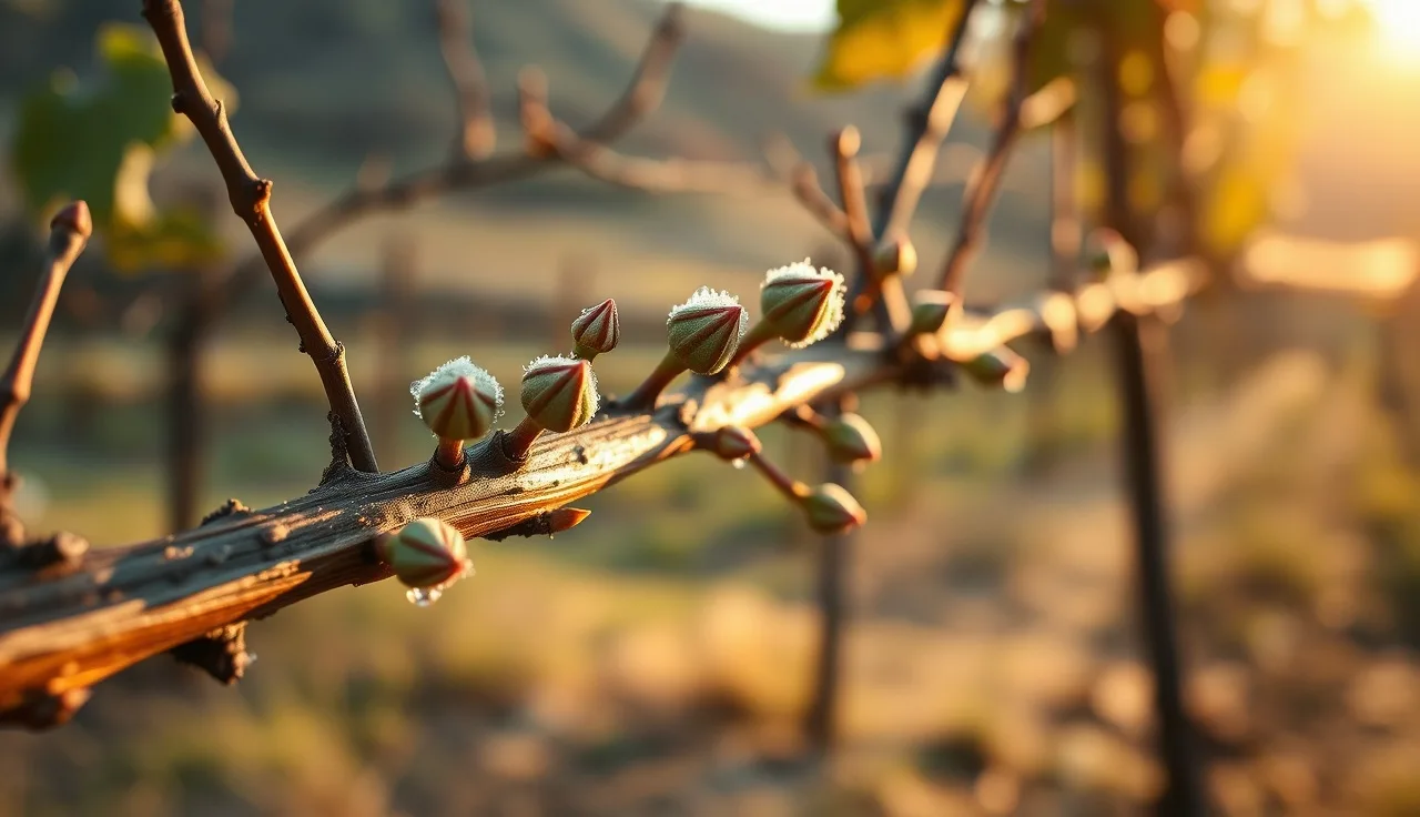 Swelling grapevine buds at green tip stage on a cordon in early spring vineyard