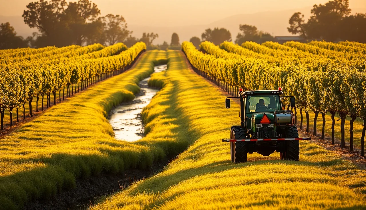 Air-blast sprayer parked at vineyard block edge beside a waterway buffer strip