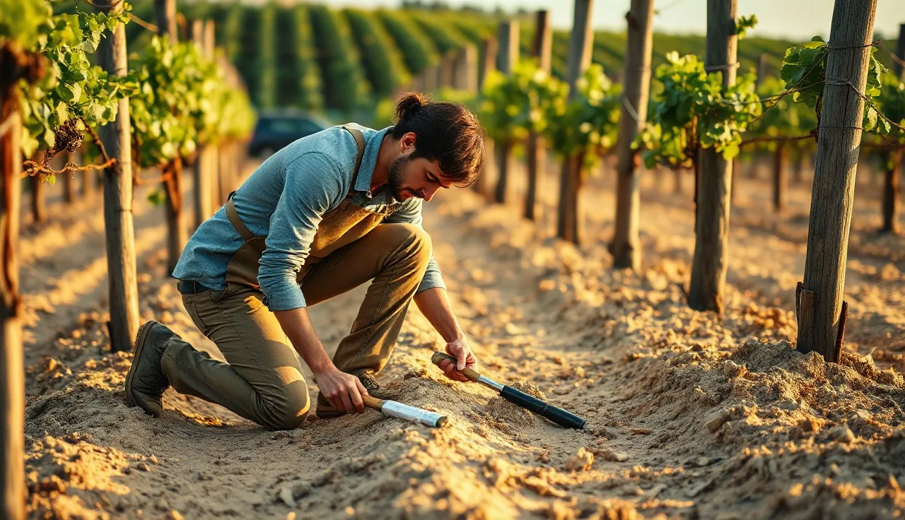 Vineyard manager collecting soil core sample between vine rows at dawn for micronutrient analysis