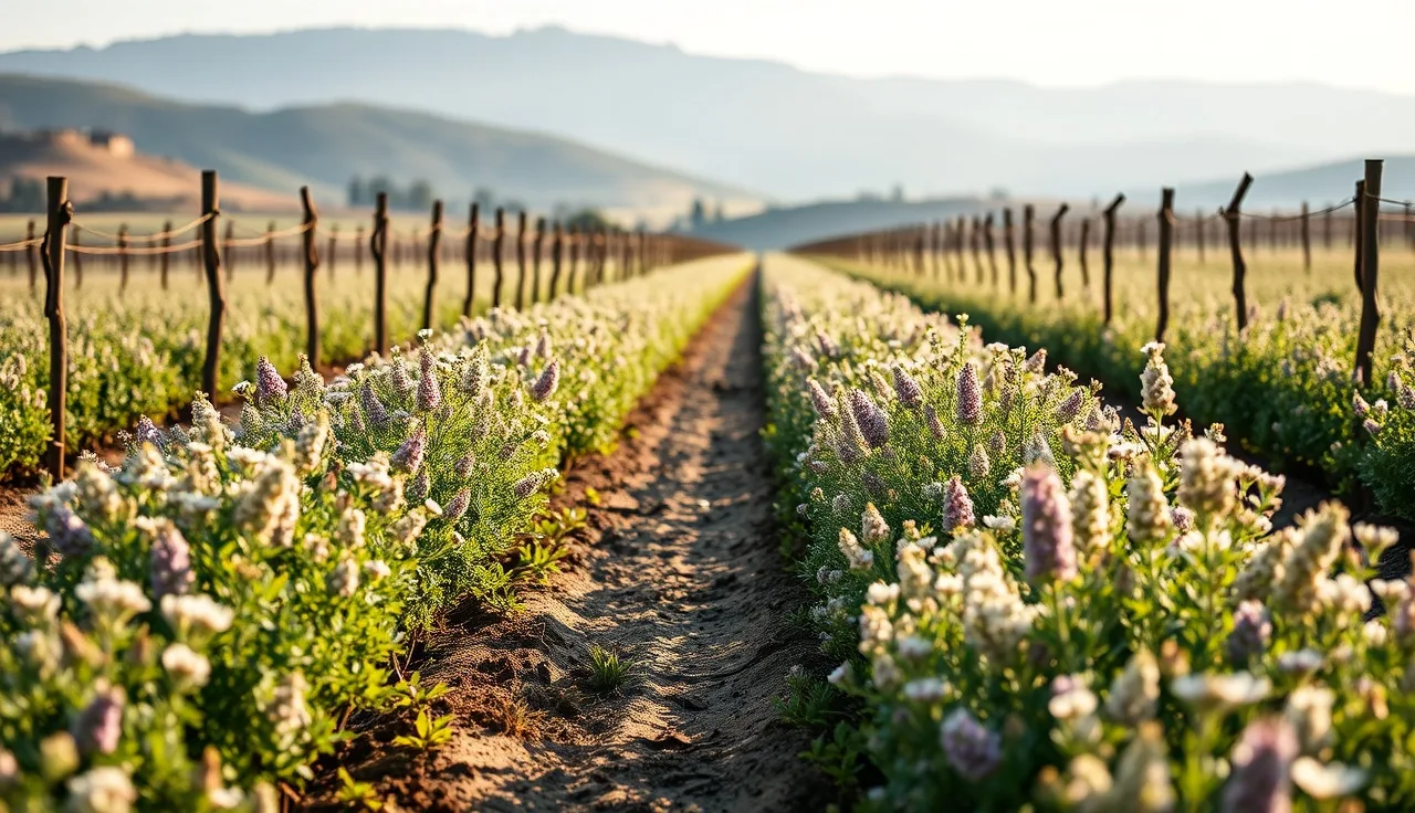 Flowering vetch cover crop growing between vine rows in a spring vineyard